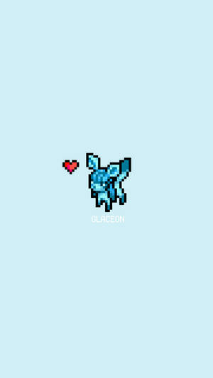 冰伊布的像素藝術，旁邊有一個紅心，背景為淺藍色。 — Glaceon 壁紙