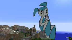 藍髮動漫女孩站在Minecraft山景中。 — 可愛 Minecraft 壁紙