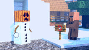 積雪Minecraft村莊中的雪人和村民，帶有禁止進入標誌。 — 可愛的雪 壁紙