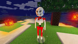 像素化骷髏穿著紅色褲子，站在Minecraft夜晚場景中，周圍有發光的燈籠。 — 我的世界 壁紙