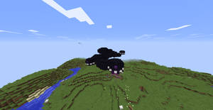 Minecraft 風景中的黑色終界使者，有河流和天空 — 凋零風暴 壁紙