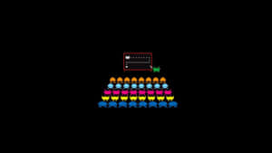 綠色像素外星人在黑暗虛空的終端機前，面對一排排彩色像素外星人。 — 高畫質遊戲 壁紙