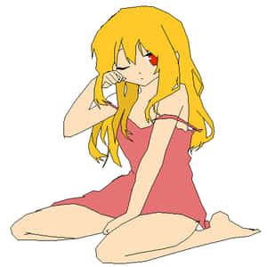 金髮紅眼的動漫女孩，穿著粉紅色連衣裙盤腿而坐。 — 黑川伊佐那 壁紙