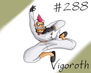 動漫角色 Vigoroth 以武術姿勢躍起在半空中，身穿白色道服和黑色手套。 — 野生動物 壁紙