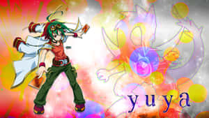 動漫角色 Yuya 綠色頭髮和護目鏡，在色彩繽紛的宇宙場景中召喚發光的龍。 — 不思議遊戯 壁紙