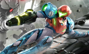 Samus Aran 身穿動力裝甲在科幻戰鬥場景中發射武器。 — 遊戲 壁紙