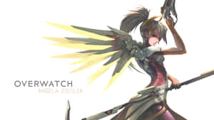來自《鬥陣特攻》的動漫角色 Angela Ziegler，擁有機械翅膀和步槍。 — 慈悲 壁紙