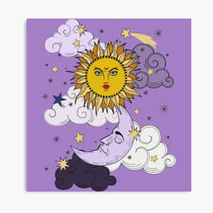 一個微笑的太陽和月亮，帶有臉孔，被星星和雲朵環繞在紫色背景上。 — 月亮與星星 壁紙