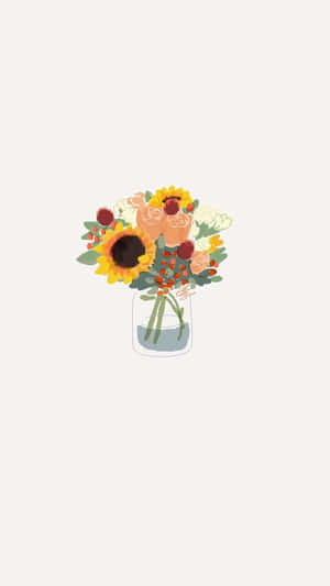一個花瓶，裡面有向日葵和蜜桃玫瑰，放在米色背景上。 — 花 iPhone 壁紙