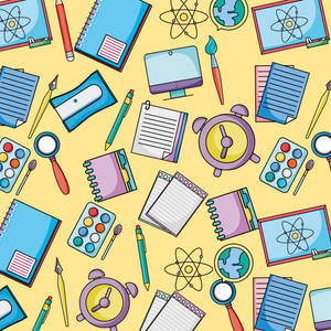 卡通學校用品和科學工具在黃色背景上。 — 教室 壁紙