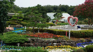 色彩繽紛的鬱金香花園，有心形雕塑和玻璃溫室。 — 제주도 壁紙