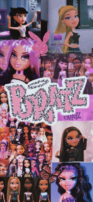 Bratz 娃娃拼貼畫，包含多個角色，穿著色彩繽紛的服裝和姿勢。 — Beanie Boos 壁紙