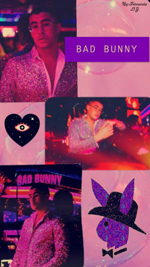 Bad Bunny拼貼畫，帶有閃粉、霓虹燈和Playboy兔子圖案。 — 壞兔子 GIF 壁紙