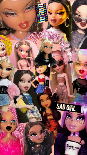 Bratz娃娃拼貼畫，帶有大膽時尚和'Babygirl'及'SAD GIRL'等文字疊加。 — Bratz 美學 GIF 壁紙