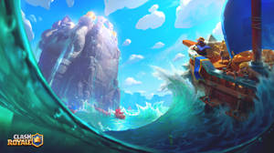 一艘卡通船在Clash Royale遊戲場景中穿過巨浪駛向石頭堡壘。 — 海洋桌面 壁紙