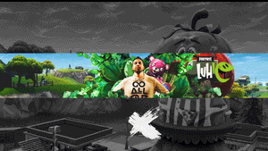Fortnite宣傳橫幅，包含運動員、泰迪熊和巨大蘋果標誌。 — 自然風景動圖 壁紙