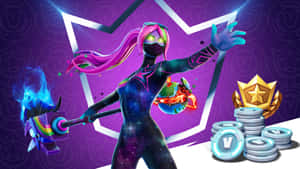 Fortnite角色手持發光錘子，附近有硬幣和獎盃。 — 要塞英雄 大逃殺 壁紙
