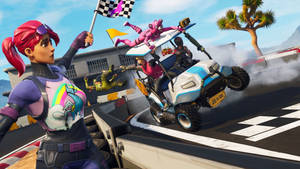 Fortnite角色在格子賽道上翻轉的高爾夫球車中賽車。