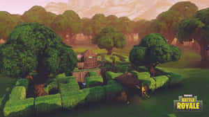日落天空下，有綠色樹籬和木建築的Fortnite迷宮。 — 要塞英雄 大逃殺 壁紙