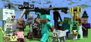 Minecraft角色，包括Steve和殭屍，一起站在草地上。 — 像素藝術 壁紙