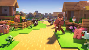 陽光明媚的日子裡，Minecraft村莊的村民和動物。 — 我的世界 壁紙