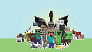 Minecraft角色如Steve和Creeper站在藍天下的草地上。 — 我的世界迷因 壁紙