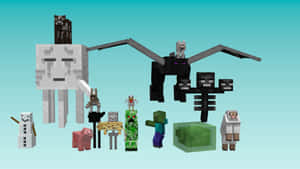 塊狀像素風格的Minecraft角色，包括雪人、殭屍豬人和蝙蝠。 — 我的世界苦力怕 壁紙