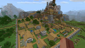 一個由木屋和石牆組成的Minecraft村莊，被綠色的山丘和山脈環繞。 — 可愛 Minecraft 壁紙