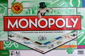 Monopoly棋盤遊戲盒，帶有戴高帽的吉祥物和西班牙文字。 — 地產大亨 壁紙