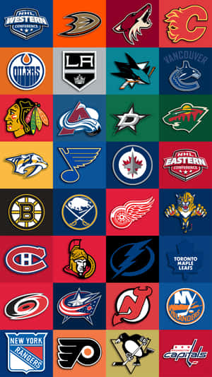 NHL球隊標誌網格，帶有吉祥物和球隊名稱，背景色彩繽紛。