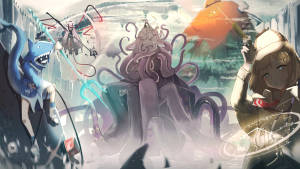 戴帽女孩拿著發光球體面對巨大章魚和鯊魚的奇幻城市。 — 8K 壁紙
