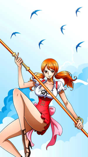 橙色頭髮的動漫女孩，手持長桿，背景是藍天和鳥。 — 奇幻島 壁紙