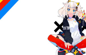 動漫女孩穿著彩色服裝在幾何背景前吹泡泡糖 — 泡泡小隊 壁紙