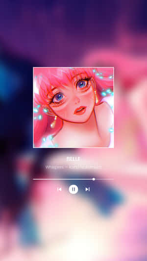 動漫女孩肖像，粉紅色頭髮和發光的眼睛，在音樂播放器螢幕上。 — 貝兒 壁紙