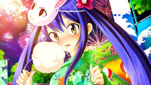 穿著和服的動漫女孩在煙火節上吃棉花糖。 — 卡通烏龜 壁紙