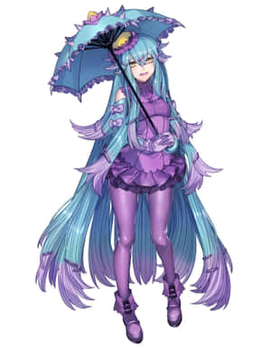 長藍色頭髮的動漫女孩拿著紫色和藍色的雨傘。 — 電玩遊戲 GIF 壁紙
