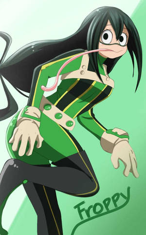 動漫角色 Froppy 穿著綠色和黑色套裝擺姿勢。 — Redmi Pad 2 9.7 壁紙