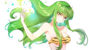 動漫女孩，長綠髮，虎紋上衣，伸手觸碰發光的星星。 — 巫師 4K 壁紙