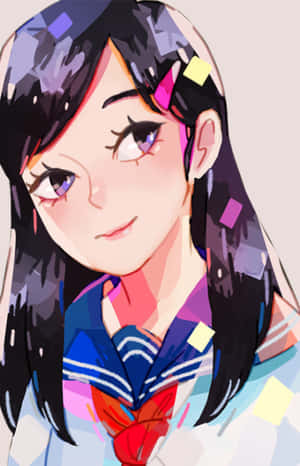 動漫女孩穿著帶有幾何裝飾的彩色水手服，溫柔地微笑。 — 對馬戰鬼 壁紙