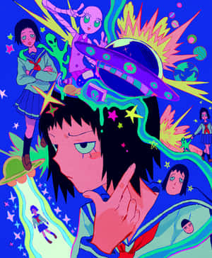 動漫女學生穿著校服，在宇宙場景中被外星人和UFO環繞。 — Pixel Fold 壁紙