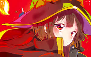 動漫女巫，擁有發光的紅眼睛和大帽子，在火紅的背景下。 — 為美好的世界獻上祝福 壁紙