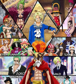 One Piece 動漫角色以團隊分組和大膽色彩呈現的動態拼貼畫。 — 榮耀Magic V Flip 2 壁紙