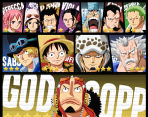 One Piece動漫角色以網格形式排列，附有星級評分和「GOD COPP」文字。 — 5:4 壁紙