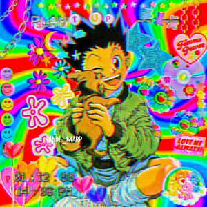 動漫男孩在彩虹漩渦、心形和貼紙中抱著毛絨玩具，帶有故障文字。 — 獨立小孩美學 壁紙