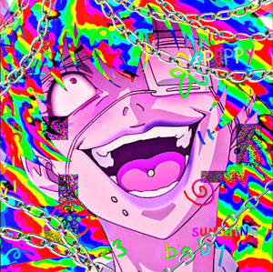 在彩虹故障背景上，一個帶著燦爛笑容和鎖鏈的動漫角色。 — 故障 壁紙