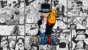 One Piece動漫角色，手握火焰拳，被漫畫面板包圍。 — 神鬼奇航 壁紙