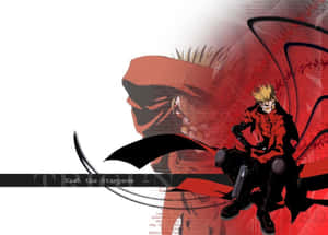 動漫角色 Vash the Stampede 身穿紅色外套，手持劍，站在抽象紅色背景前。 — 槍神 壁紙