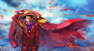 動漫海盜身穿紅色外套和草帽，披風飄揚，背景是暴風雨的天空。 — 神鬼奇航 壁紙