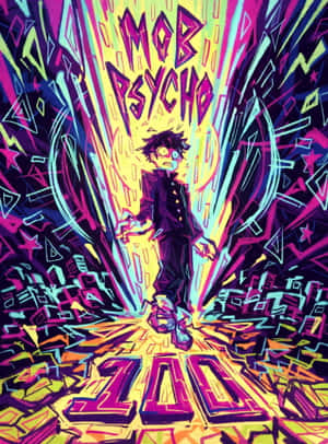 動漫角色 Mob Psycho 被色彩繽紛的能量爆發和風格化文字包圍。 — Kindle 壁紙