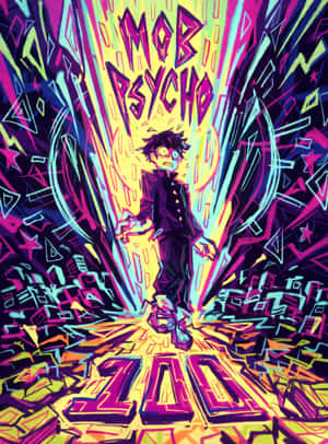動漫角色 Mob Psycho 被色彩繽紛的能量爆發和風格化文字包圍。 — iPad 第9代 壁紙